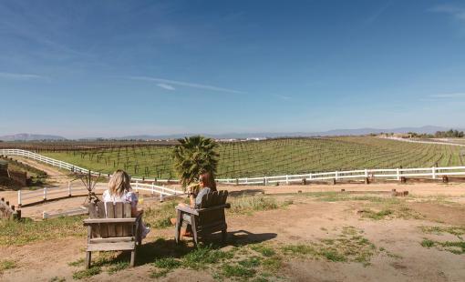Bianca Jade and a friend sitting on Villa Del Vino Ranch looking out at vineyards.