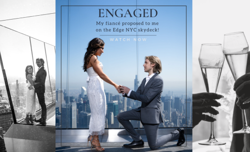 Man on one knee proposing to woman on a new york city skydeck.